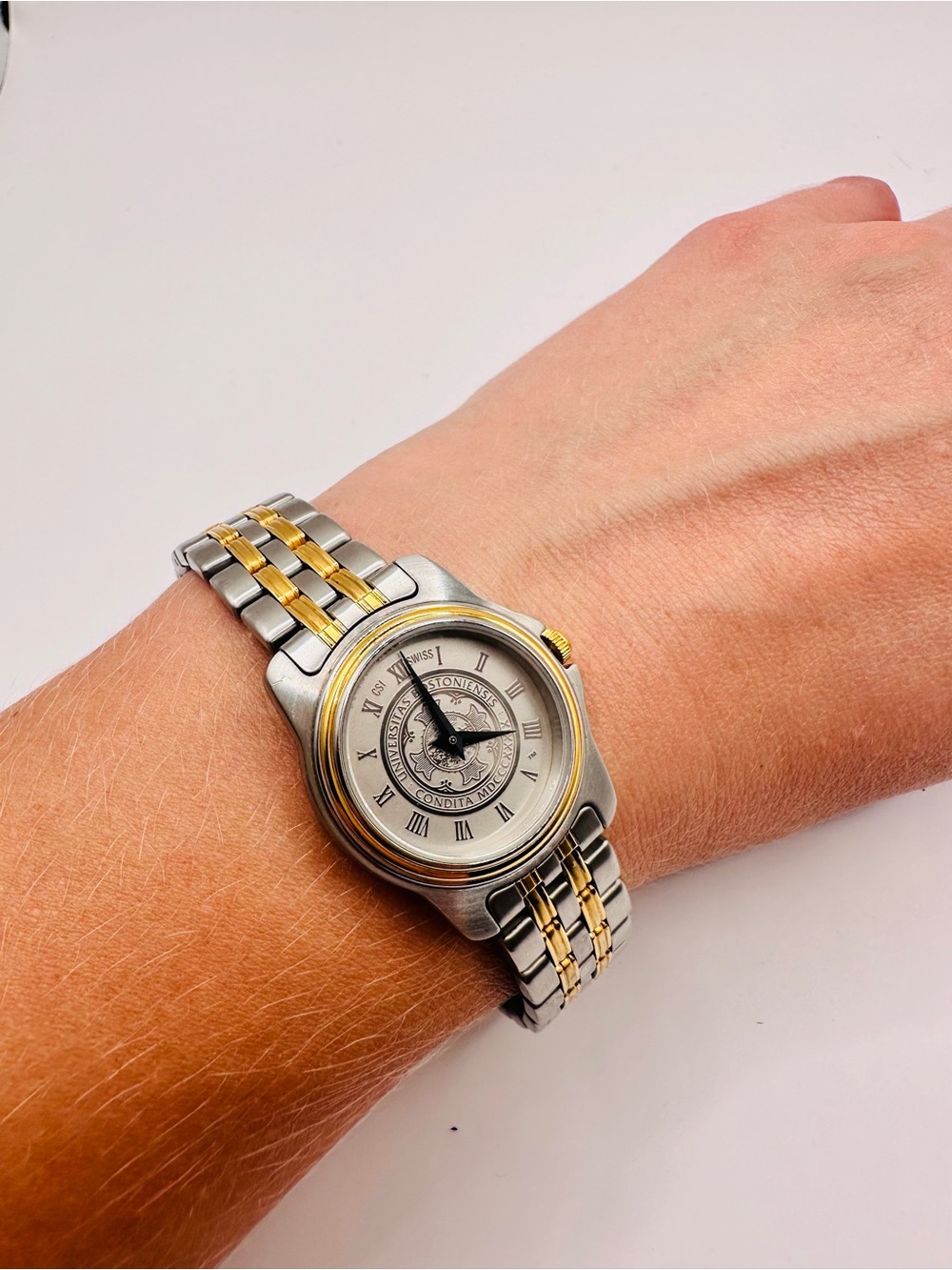 Vintage Boston University Swiss Two Tone Watch Working BU Alumni
